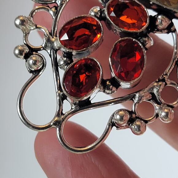 Handmade Silver Pendant With Fossil Coral Gemstone & Faceted Red Garnet Accent - Picture 5 of 10